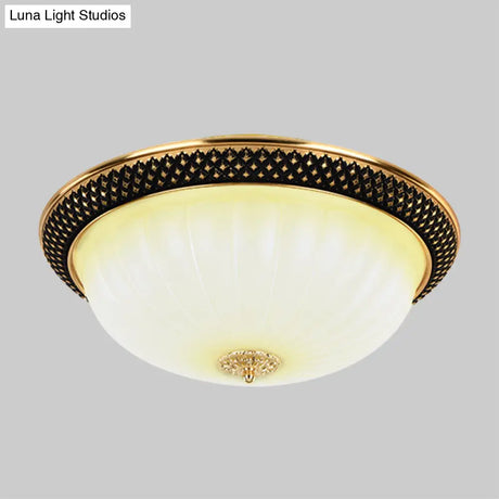 Vintage Fluted Opal Glass Semi - Orb Flush Mount Led Ceiling Light 11’/15’ Width In Black & Gold