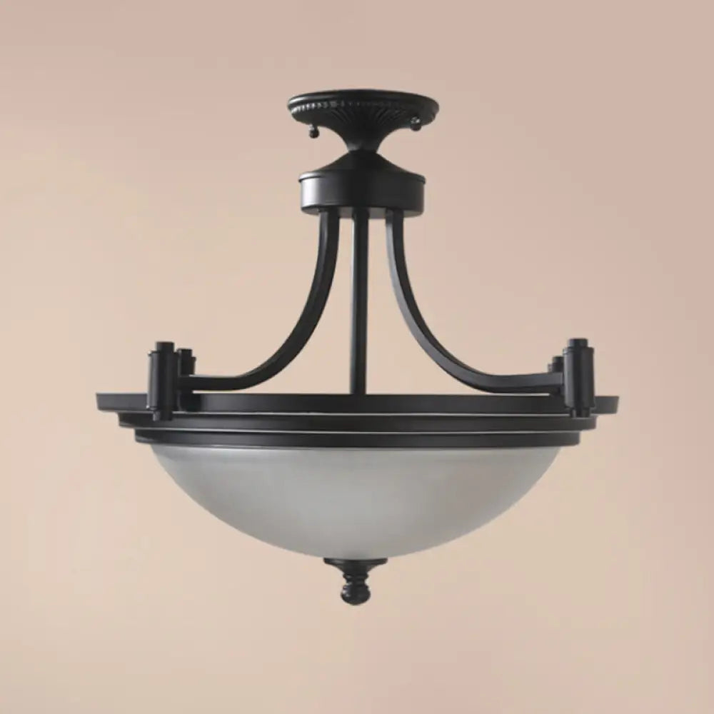 Vintage Frost Glass Semi Flush Mount With Bowl Shade: 3-Bulb Black Entryway Ceiling Light