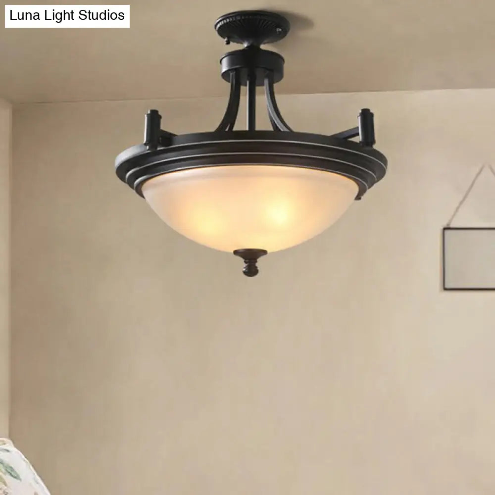 Vintage Frost Glass Semi Flush Mount With Bowl Shade: 3-Bulb Black Entryway Ceiling Light / Small