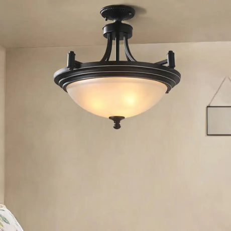 Vintage Frost Glass Semi Flush Mount With Bowl Shade: 3 - Bulb Black Entryway Ceiling Light / Small
