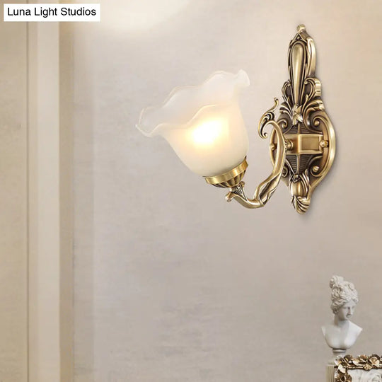 Vintage Frosted Glass Bedside Wall Lamp With Antique Brass Sconce Light