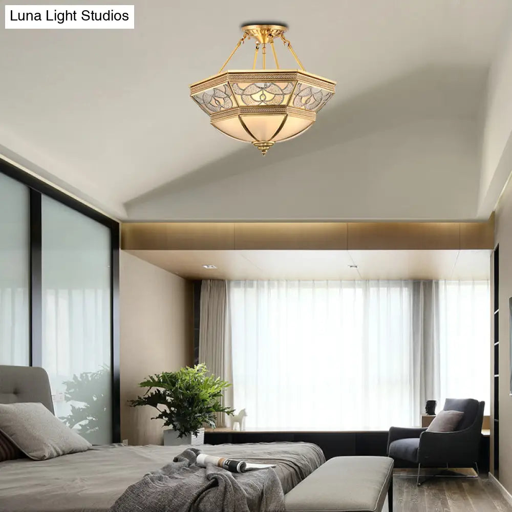 Vintage Frosted Glass Brass Bowl Semi Flush Mount - 4 Lights Living Room Lighting
