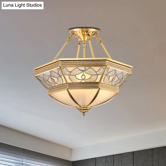 Vintage Frosted Glass Brass Bowl Semi Flush Mount - 4 Lights Living Room Lighting