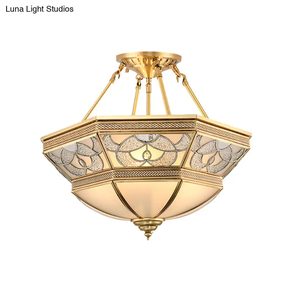 Vintage Frosted Glass Brass Bowl Semi Flush Mount - 4 Lights Living Room Lighting