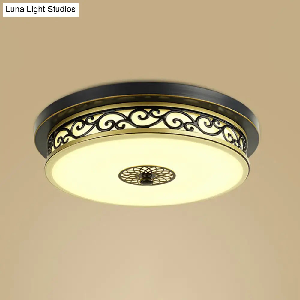 Vintage Frosted Glass Drum Led Ceiling Light - Flush Mount For Living Room