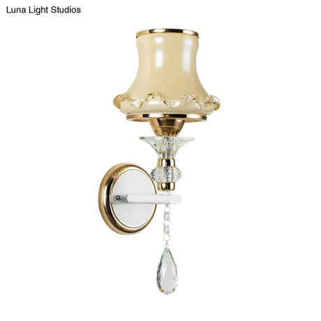 Vintage Frosted Glass Flared Wall Sconce With Crystal Accents For Living Room