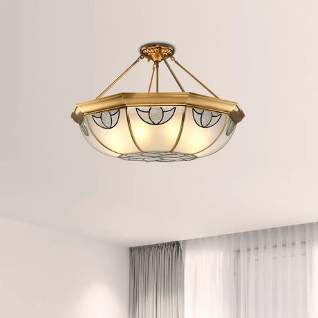 Vintage Frosted Glass Semi Mount Lighting With 4 Gold Lights - 16’/18’ Wide / 16’