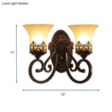 Vintage Frosted Glass Wall Sconce In Red Brown With Carved Backplate - Bedroom 1/2-Bulb Light