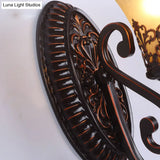 Vintage Frosted Glass Wall Sconce In Red Brown With Carved Backplate - Bedroom 1/2-Bulb Light