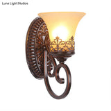 Vintage Frosted Glass Wall Sconce In Red Brown With Carved Backplate - Bedroom 1/2-Bulb Light