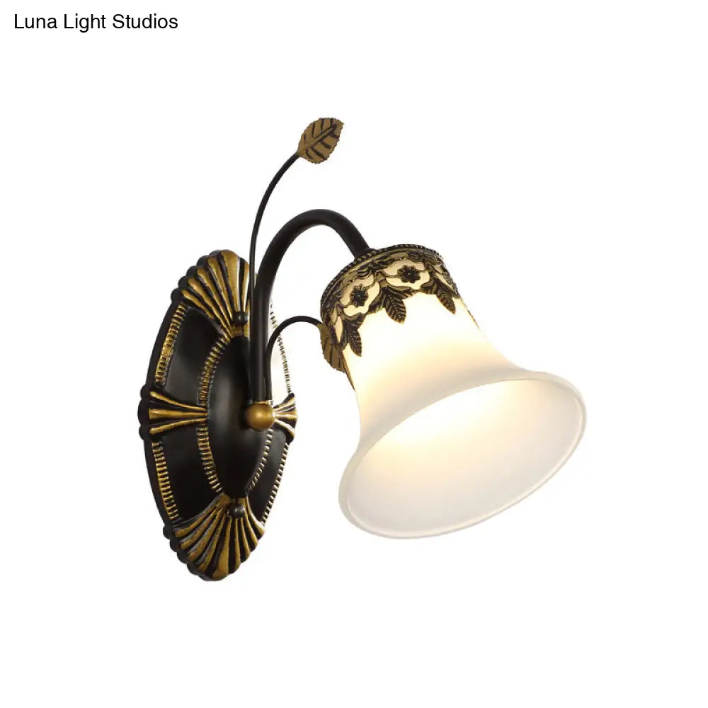 Vintage Frosted Glass Wall Sconce With Curved Arm - Black Bell 1/2-Light Fixture For Foyer