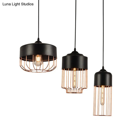 Vintage Geometric Cage Pendant Light - Antique 1-Light Fixture For Dining Room Black