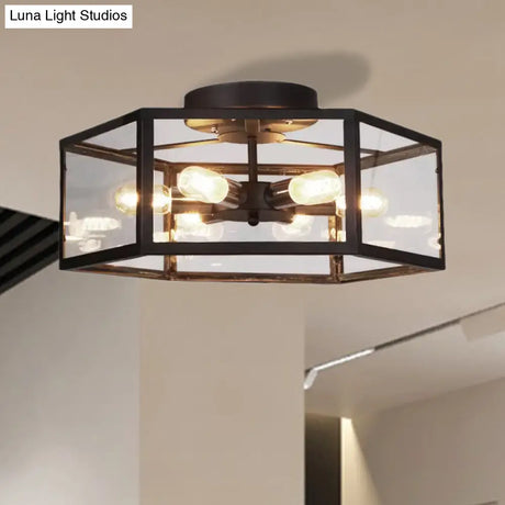 Vintage Geometric Clear Glass Ceiling Light With 6 Bulbs - Black Semi Flush Mount For Kitchen