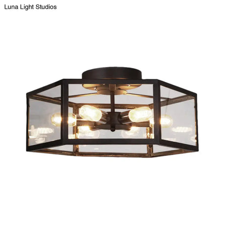 Vintage Geometric Clear Glass Ceiling Light With 6 Bulbs - Black Semi Flush Mount For Kitchen