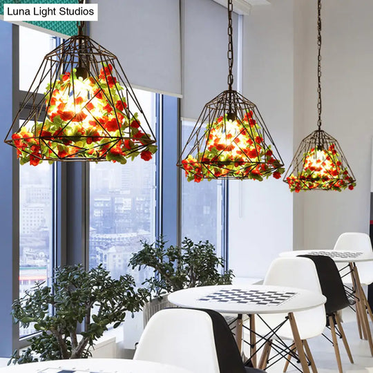 Antique Geometric Pendant Ceiling Light - Metal Led Flower Suspension Lamp In Black