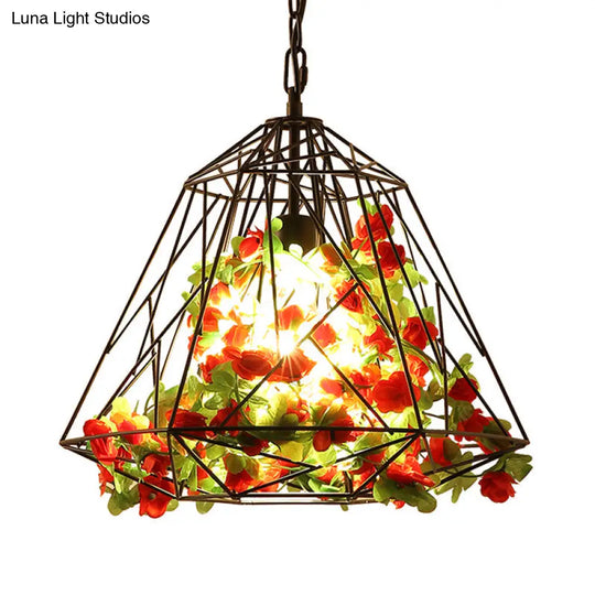 Antique Geometric Pendant Ceiling Light - Metal Led Flower Suspension Lamp In Black