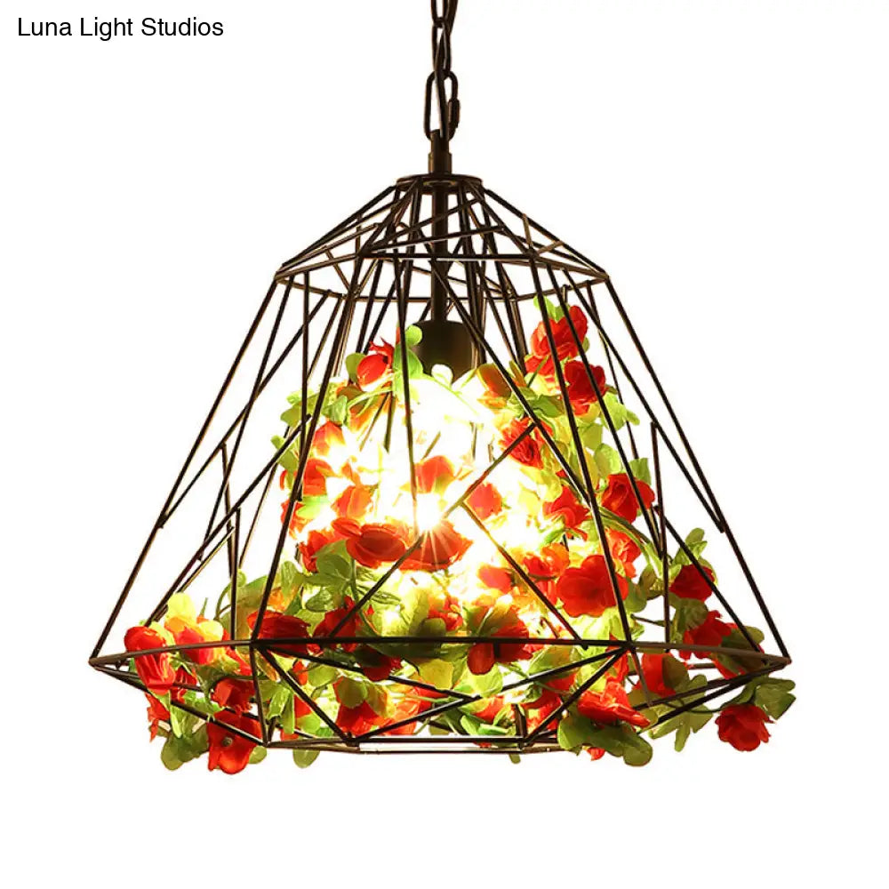 Vintage Geometric Pendant Ceiling Light In Black With Metal Led Flower Suspension