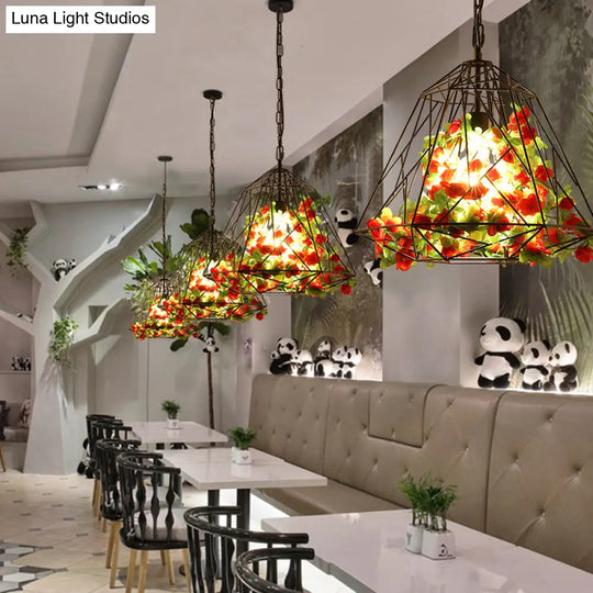 Vintage Geometric Pendant Ceiling Light In Black With Metal Led Flower Suspension