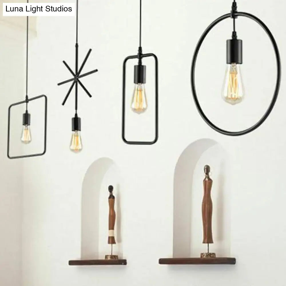 Vintage Geometric Pendant Light In Black - Metal Suspension Lighting For Living Room
