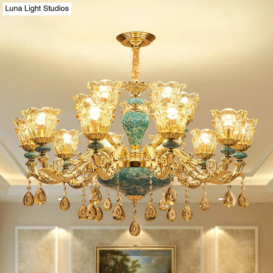 Vintage Glass Chandelier Pendant Light With Flared Ruffle Design And Hanging Crystal In Gold -