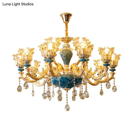 Vintage Glass Chandelier Pendant Light With Flared Ruffle Design And Hanging Crystal In Gold -
