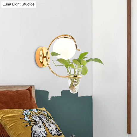 Vintage Glass Orb Sconce: Cream/Smoke Gray 1-Bulb Bedroom Wall Lamp In Black/Gold With C-Shaped Arm