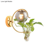 Vintage Glass Orb Sconce: Cream/Smoke Gray 1-Bulb Bedroom Wall Lamp In Black/Gold With C-Shaped Arm