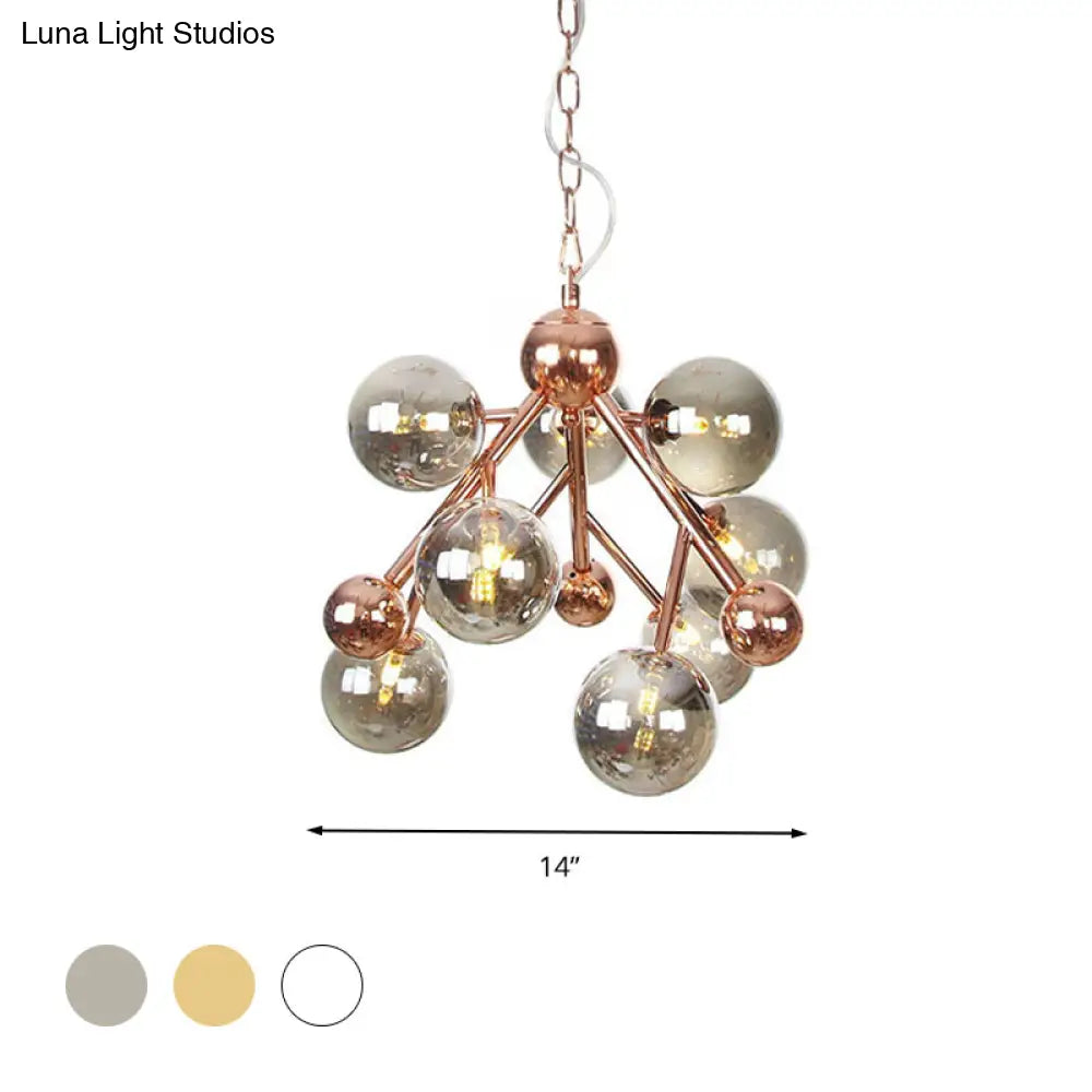 Vintage Glass Pendant Chandelier - 9 Globe Lights In Clear Amber & Smoke Gray For Indoor Lighting