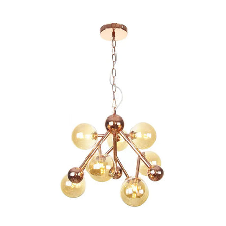Vintage Glass Pendant Chandelier - 9 Globe Lights In Clear Amber & Smoke Gray For Indoor Lighting