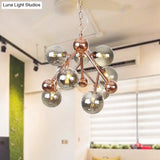 Vintage Glass Pendant Chandelier - 9 Globe Lights In Clear Amber & Smoke Gray For Indoor Lighting