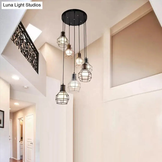 Vintage Global Cage Shade Pendant Lighting With Metallic Finish - 3/7 Heads Hanging Lamp In Black