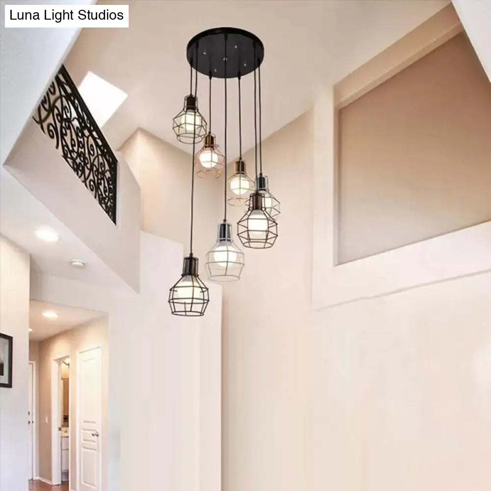 Vintage Metallic Pendant Lighting With Global Cage Shade - 3/7 Heads Hanging Lamp Black