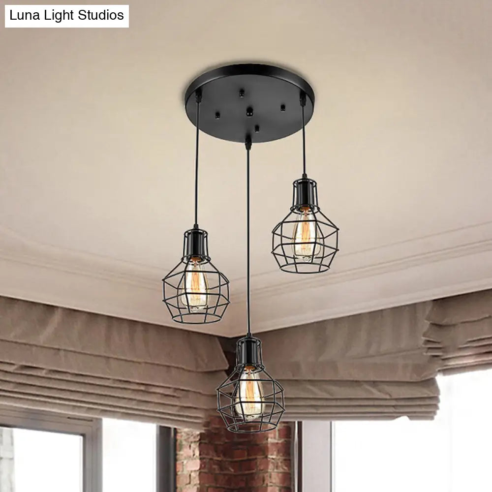 Vintage Metallic Pendant Lighting With Global Cage Shade - 3/7 Heads Hanging Lamp Black