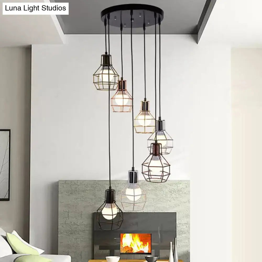 Vintage Metallic Pendant Lighting With Global Cage Shade - 3/7 Heads Hanging Lamp Black 7 /