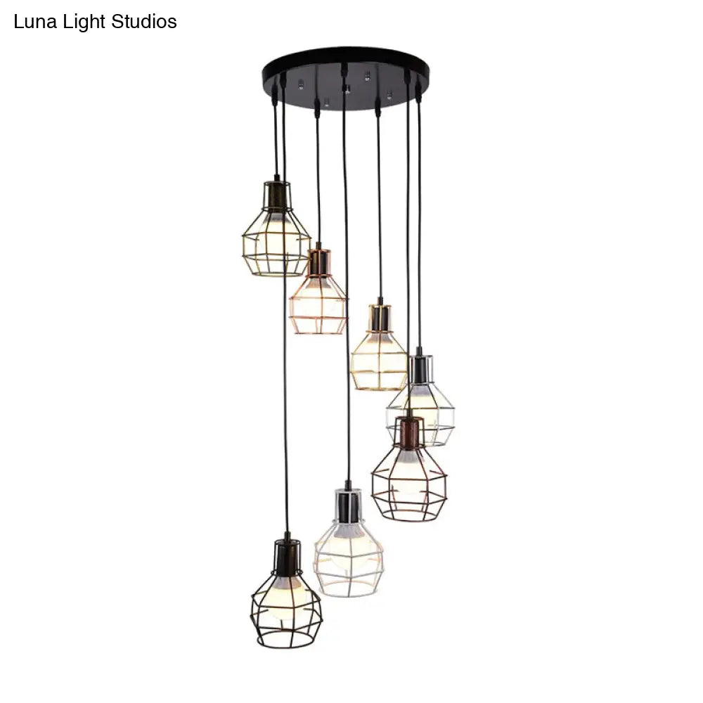Vintage Global Cage Shade Pendant Lighting With Metallic Finish - 3/7 Heads Hanging Lamp In Black