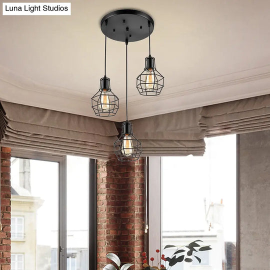 Vintage Metallic Pendant Lighting With Global Cage Shade - 3/7 Heads Hanging Lamp Black