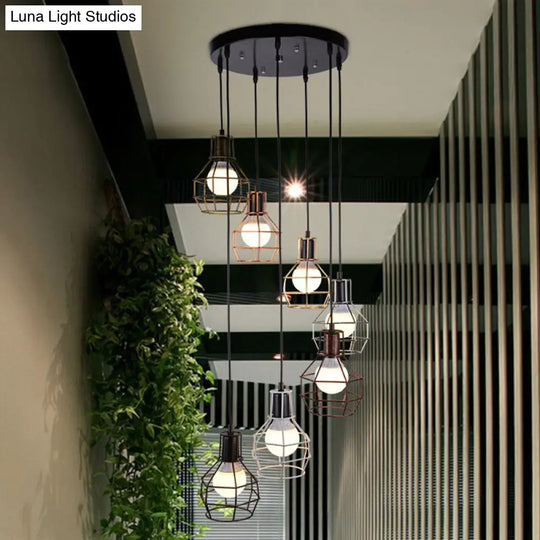 Vintage Metallic Pendant Lighting With Global Cage Shade - 3/7 Heads Hanging Lamp Black
