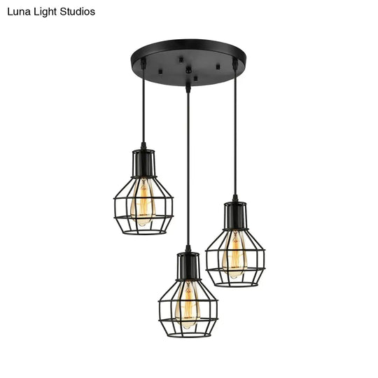 Vintage Metallic Pendant Lighting With Global Cage Shade - 3/7 Heads Hanging Lamp Black