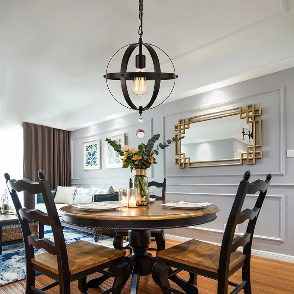 Vintage Globe Ceiling Pendant Light In Black For Dining Room - Metal 1-Light