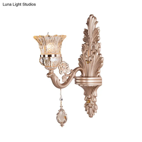Vintage Gold Bell Wall Sconce Light Fixture With Clear Glass Shade And Crystal Decoration