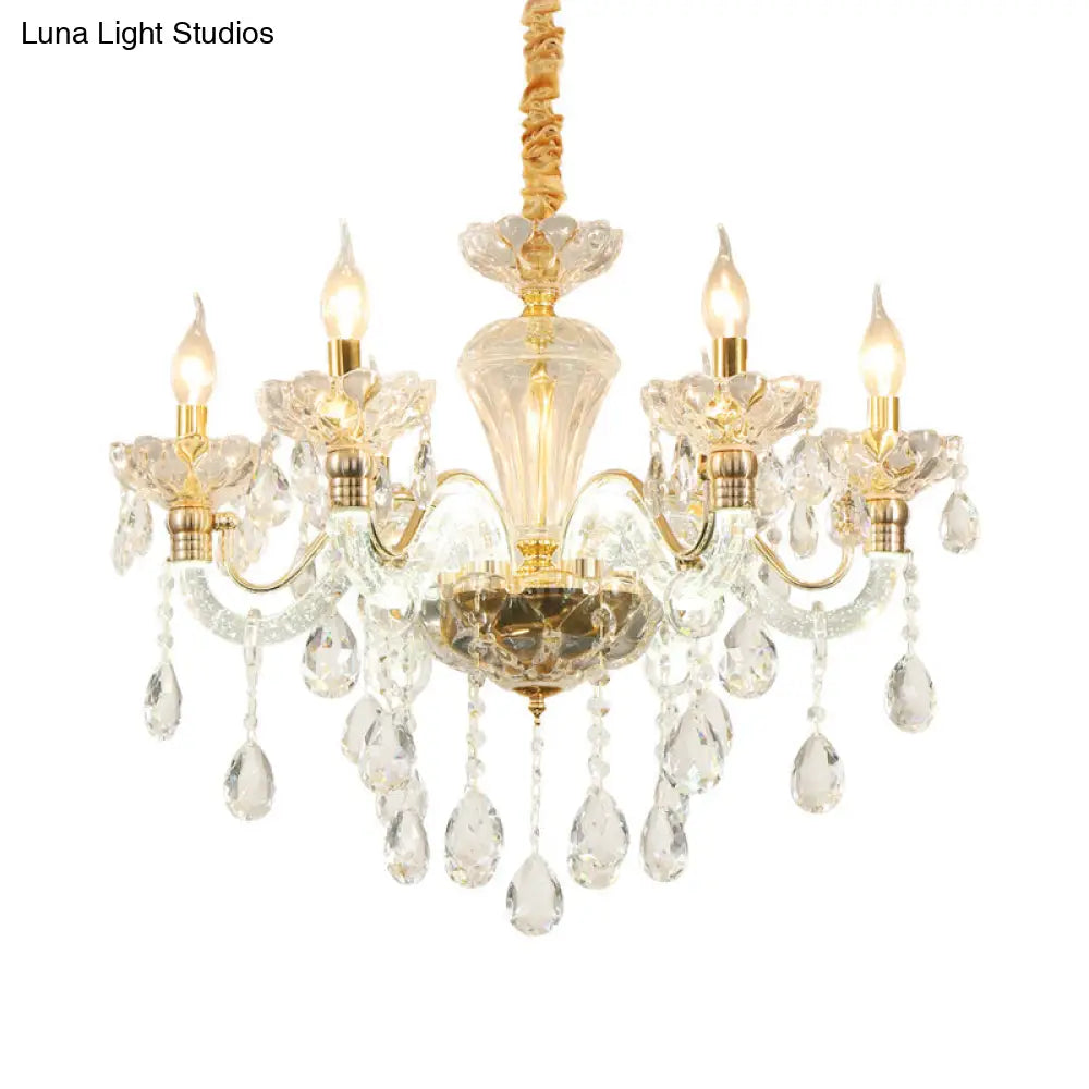 Vintage Gold Candelabra Crystal Chandelier - 6 Lights Clear Glass Shade Dining Room Pendant