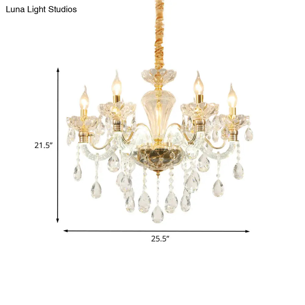 Vintage Gold Candelabra Crystal Chandelier - 6 Lights Clear Glass Shade Dining Room Pendant