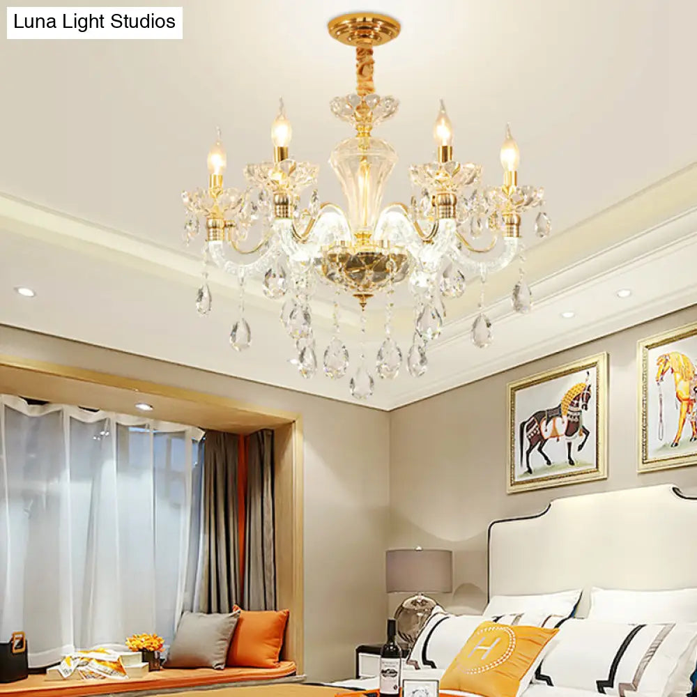 Vintage Gold Candelabra Crystal Chandelier - 6 Lights Clear Glass Shade Dining Room Pendant