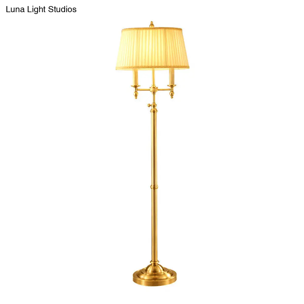 Vintage Gold Candelabra Floor Lamp With Pleated Empire Shade - 2 Bulbs Metallic Finish Perfect For