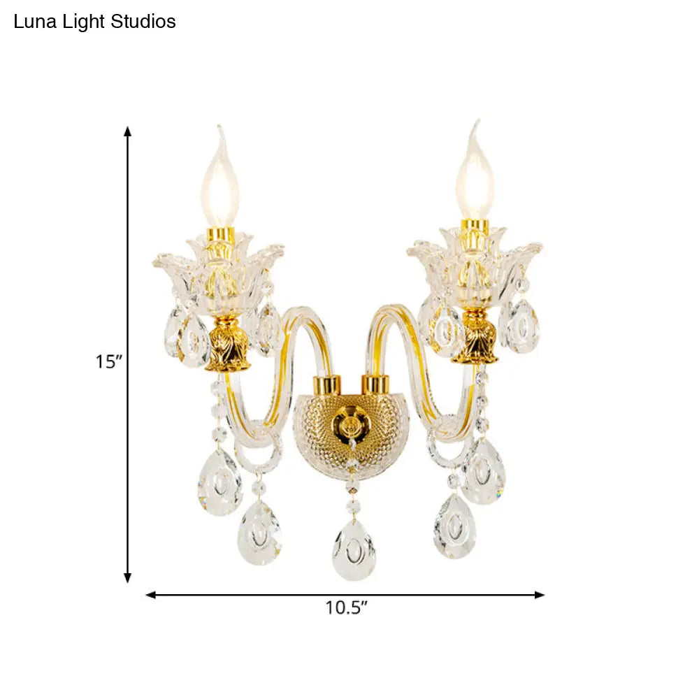 Vintage Gold Clear Glass Wall Lamp - Candle Style Sconce With Undulated Arm