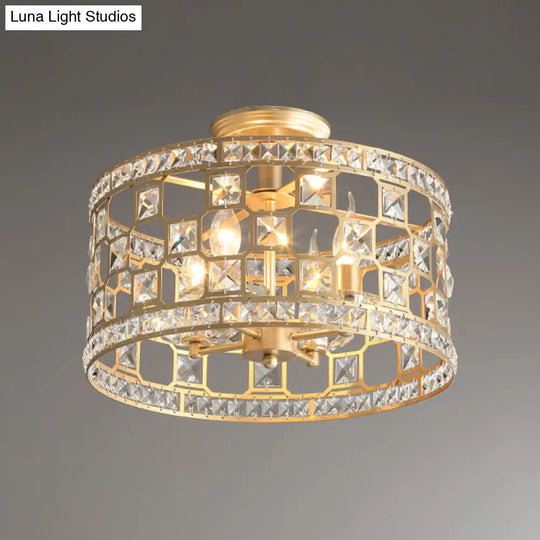 Vintage Gold Crystal Semi Flush Ceiling Light - Hollowed Drum Design 3/4 Heads Embedded Fixtures