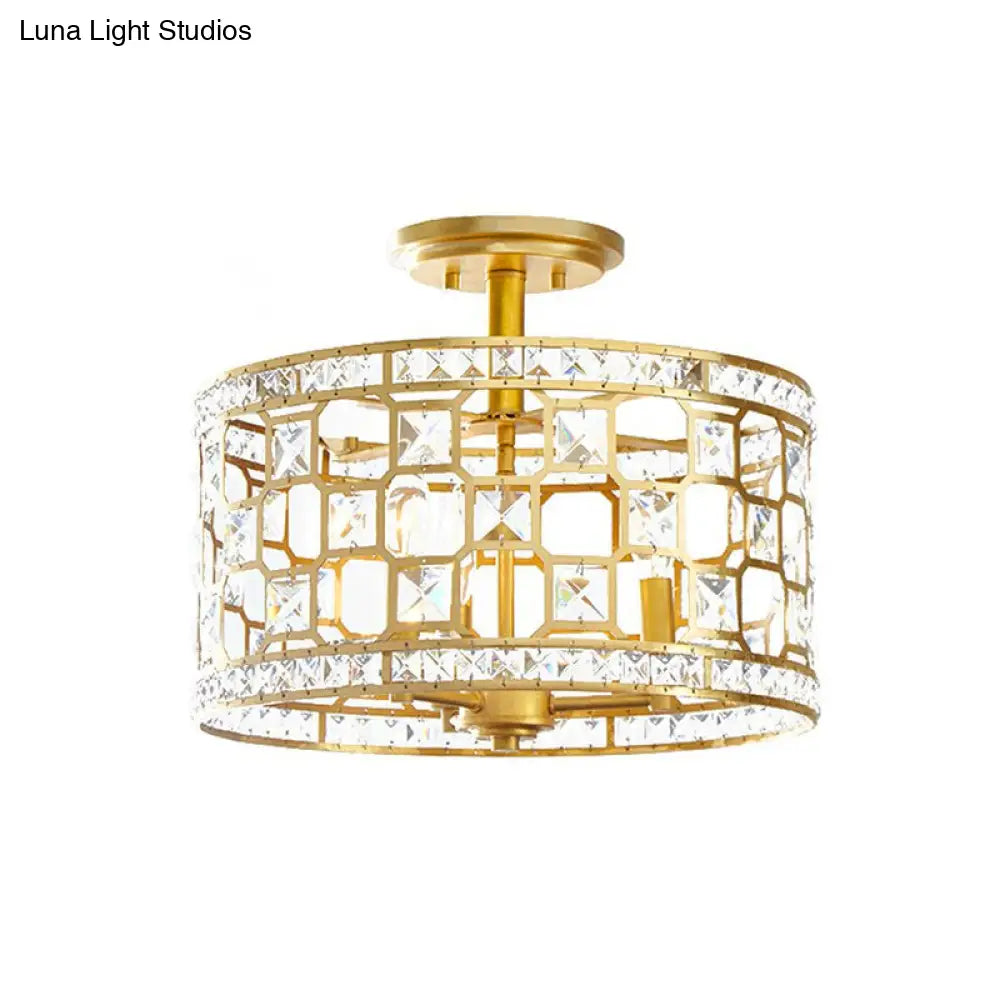 Vintage Gold Crystal Semi Flush Ceiling Light - Hollowed Drum Design 3/4 Heads Embedded Fixtures