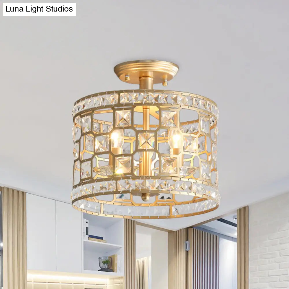Vintage Gold Crystal Semi Flush Ceiling Light - Hollowed Drum Design 3/4 Heads Embedded Fixtures