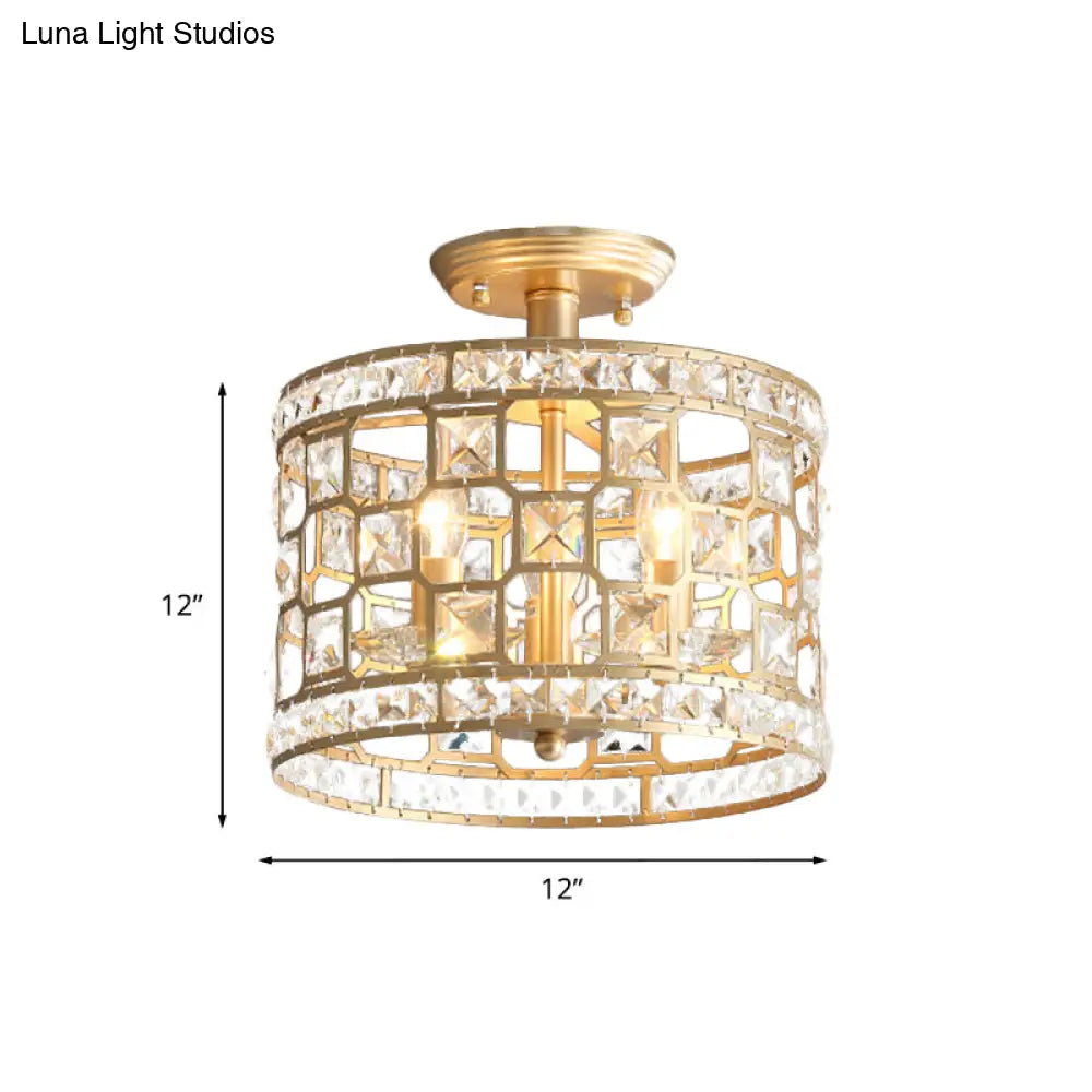 Vintage Gold Crystal Semi Flush Ceiling Light - Hollowed Drum Design 3/4 Heads Embedded Fixtures