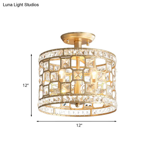 Vintage Gold Crystal Semi Flush Ceiling Light - Hollowed Drum Design 3/4 Heads Embedded Fixtures
